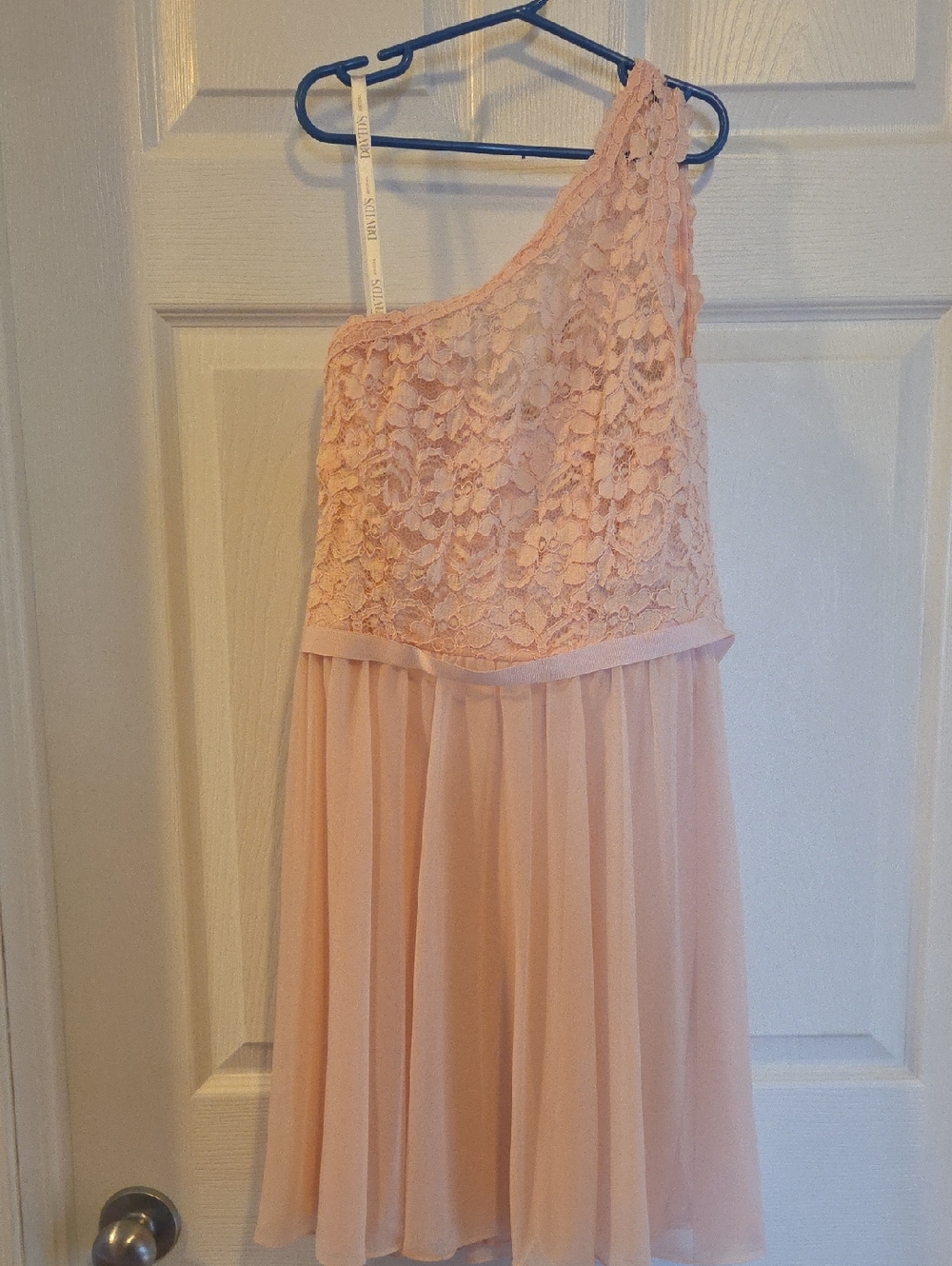 David's Bridal One-Shoulder Lace & Chiffon Dress in Light Peach